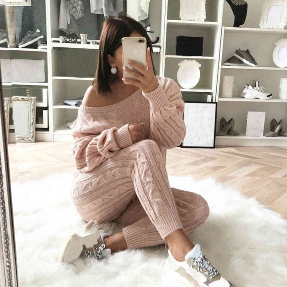 women sweater Knitted 2 Piece Set Long Sleeve Crop Tops And Long Pants Sexy Autumn Winter Sweater Two Piece Set Outfits 200923