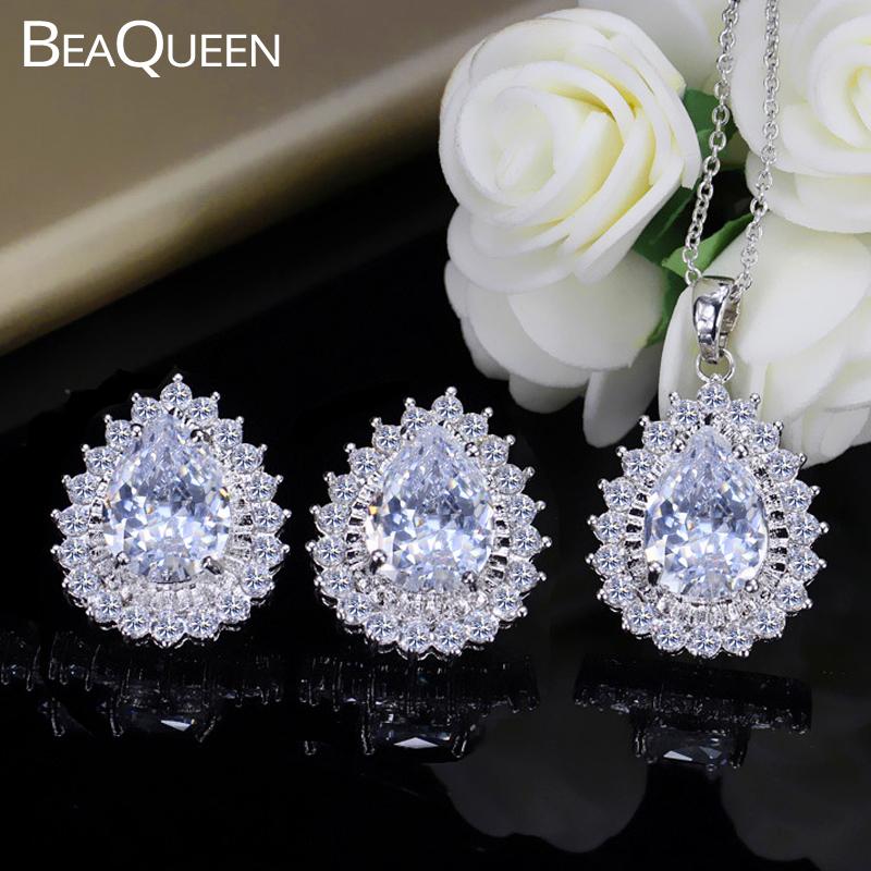 Earrings & Necklace BeaQueen Shiny Pear Shape Cubic Zircon Crystal Paved Round CZ Stones Stud And Pendant Women Jewelry Sets JS045, Silver
Earrings & Necklace BeaQueen Shiny Pear Shape Cubic Zircon Crystal Paved Round CZ Stones Stud And Pendant Women Jewelry Sets JS045, Silver