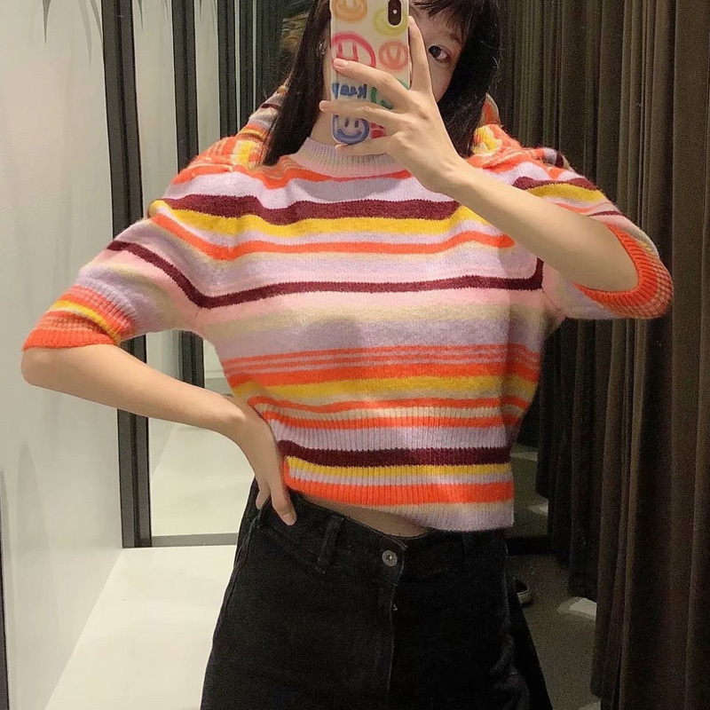 Women Summer Striped Slim Sweater Short Sleeve Knitted O-Neck Female Fashion Sweet Elasticity Sweaters Clothes 210513