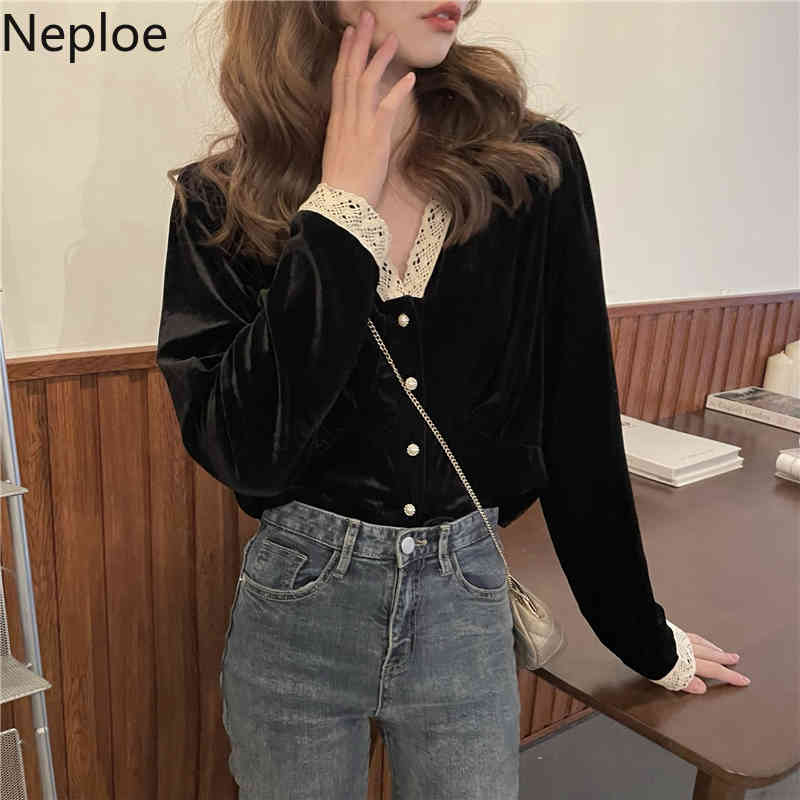 Neploe Women Blouse Lace Patchwork Velvet Shirt Spring V Neck Long Sleeve Vintage Korean Fashion Short Black Blusas Mujer 4H511 210422