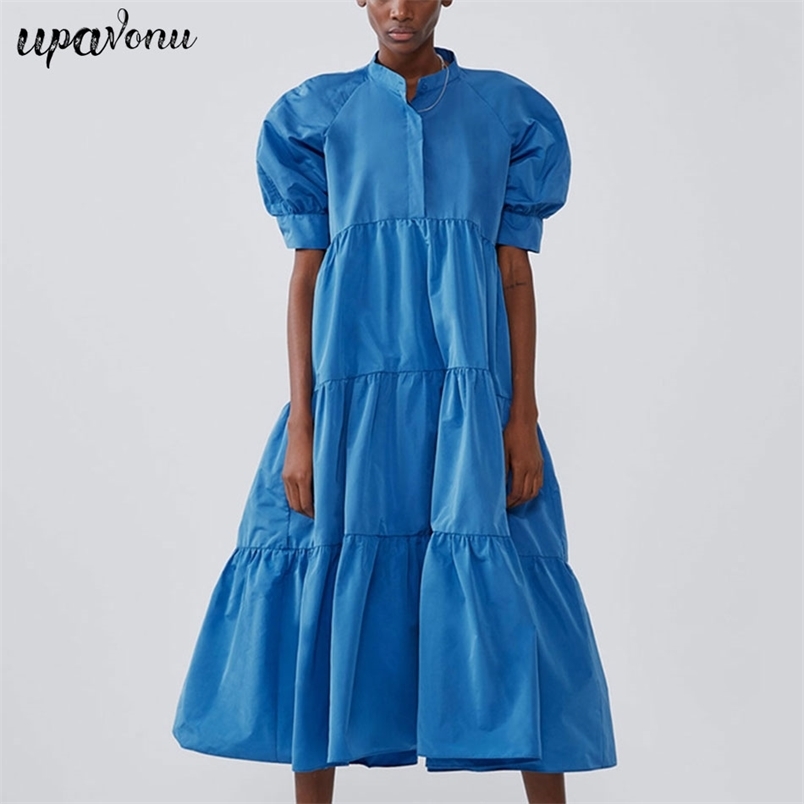 Fashion Women's Long Dress Blue O-neck Button Puff Sleeve Draped A-line Casual Holiday Party Vestidos 210524