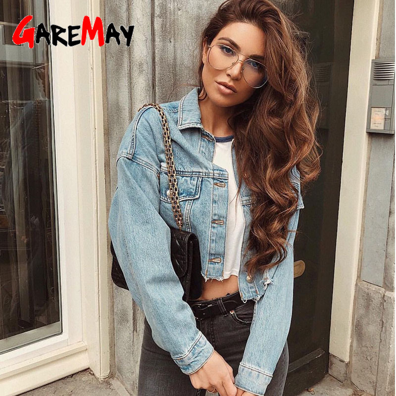 Spring Autumn Crop Denim Jacket Women Long Sleeve Boyfriend Style Casual Blue Jean Lady Vintage Button Top Coat 210428