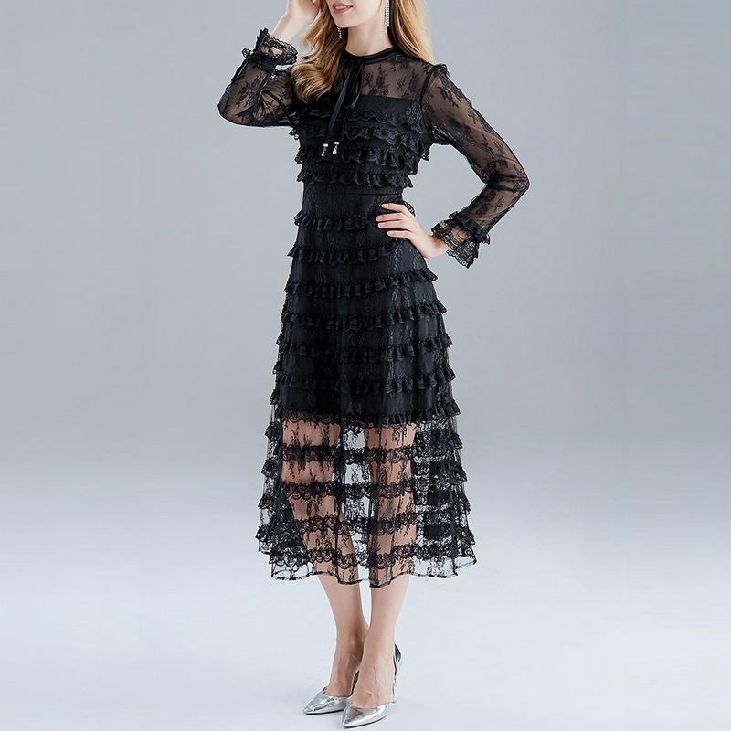 Layer Ruffles Cake spring Dress Women Long Sleeve Bow Mesh Lace Robe Femme Sexy Vestidos Midi Party es 210519