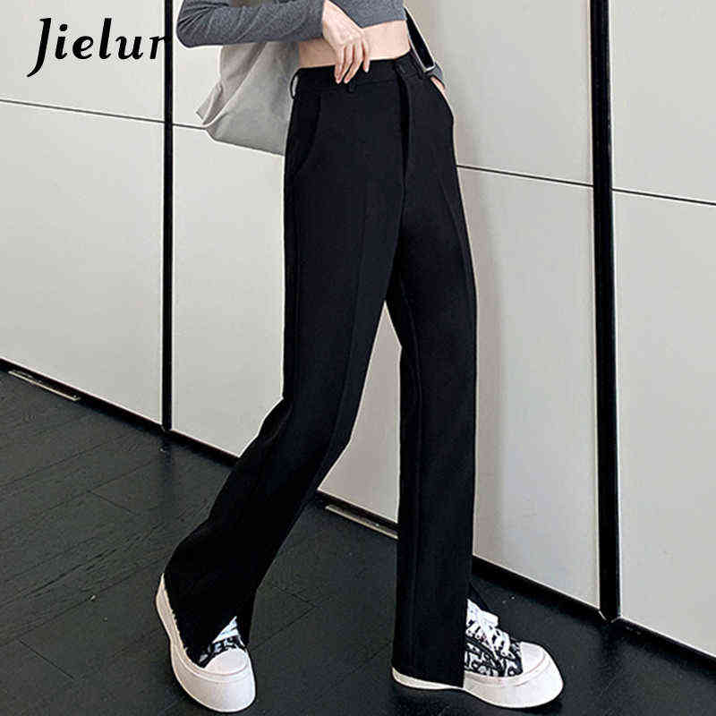 Jielur Fashion Black Trousers Suits Spring XS-2XL High Waist Casual Women's Pants Wide Leg Split Workwear Formal Zipper 211115