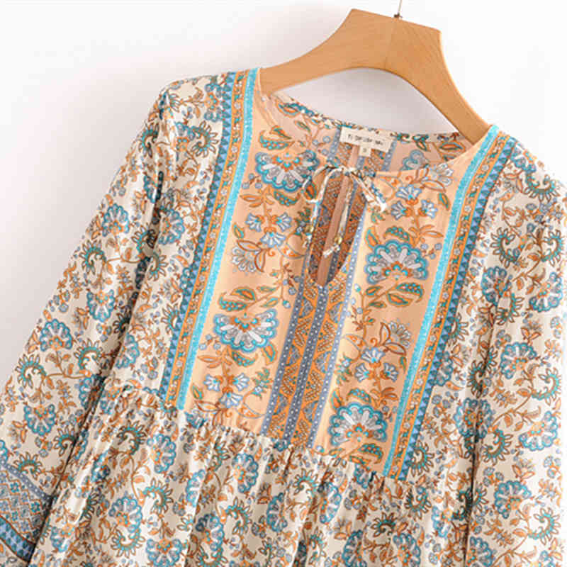 Chu Sau beauty Boho Floral Print Blouses Women Holiday Style Fashion Long Sleeve Shirts Female Camisa De Moda 210508