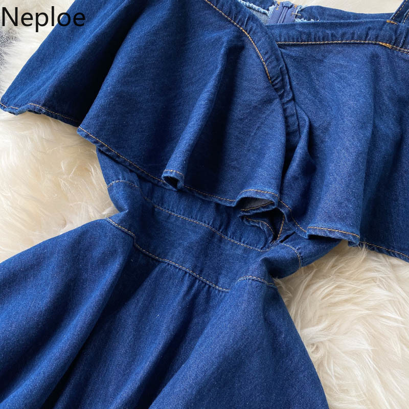 Neploe Sexy Off Shoulder Sling Women Mini Dress Korean Fashion Ruffles A-Line High Waist Female Dresses Summer Denim Vestidos 210422