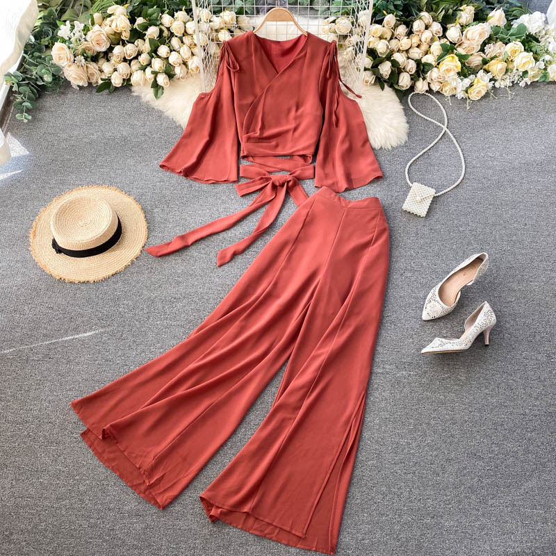 Bandage Cropped Cardigan Blouse Women Two Pieces Set Wide Leg High Waist Pants Female Summer Elegant Solid Suit Outfits 210519