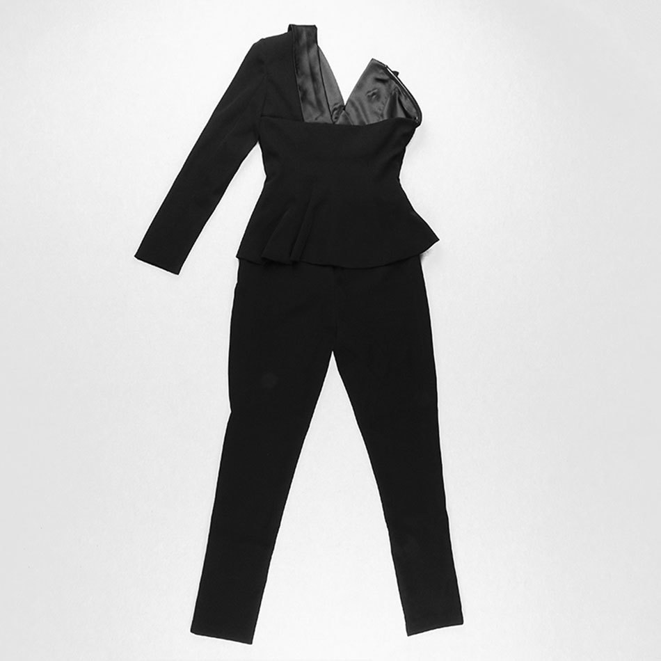 Free Autumn Women's Jumpsuit Black Lapel One Shoulder Long Sleeve Sexy Halter Club Party Wholesale 210524
