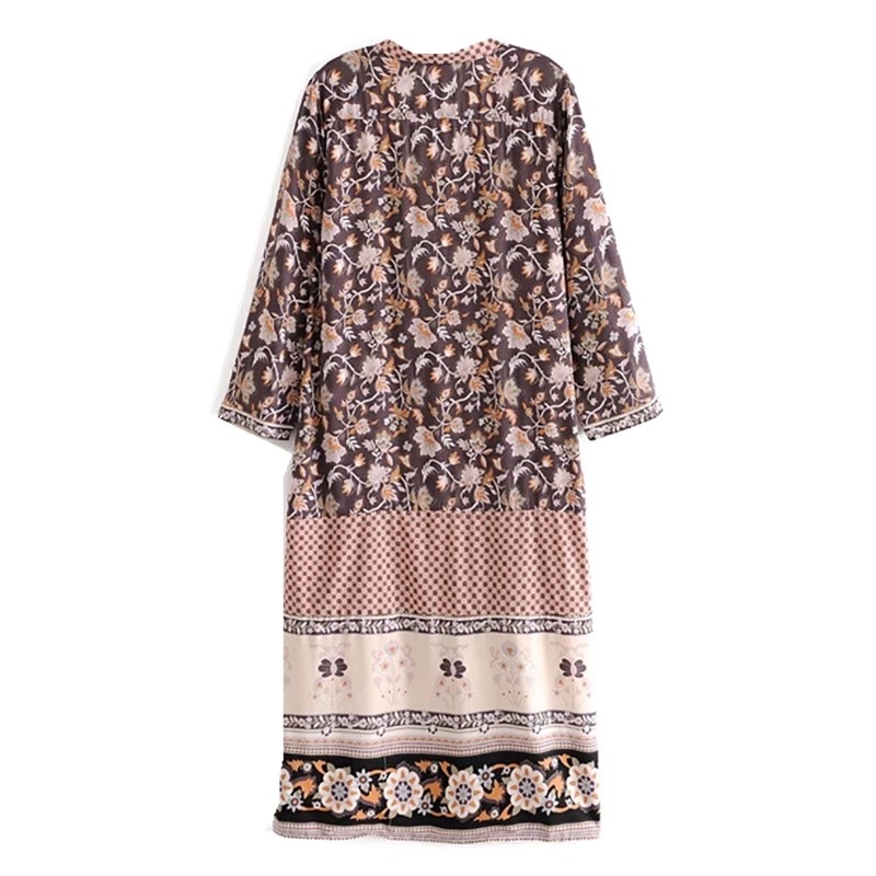 Women Bohemia V neck Location Pteris Flower Print Kimono Shirt BOHO Holiday Beach Long sleeve Cardigan Blouse Tops 210429