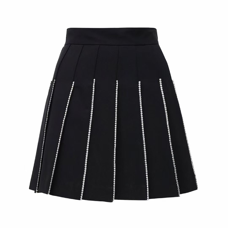 Black Patchwork Diamond Skirt For Women High Waist Pleated Mini Skirts Female Fashion Clothing Autumn 210521
