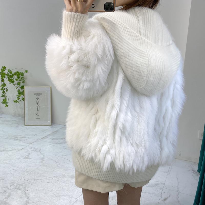 Women's Fur & Faux Knitted Hood Real Coats Women Fashion Jacket Nice Genuine Coat For Winter Stripe Sewed Together