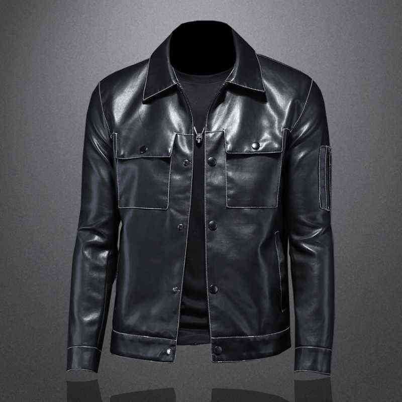 Fall Men's Lapel Multi-Pocket Leather Trendy Motorcycle Leather Jacket Coat British Simple Zipper Slim Casual Male Clothing 211106