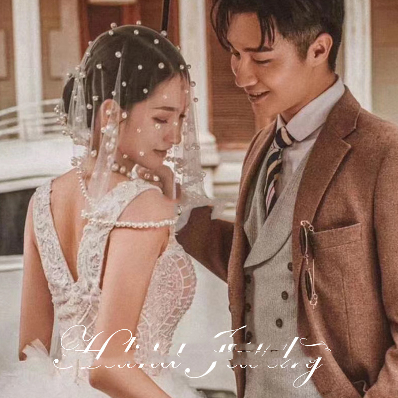 Vintage White Pearls Beaded Bridal Veils Fancy Edge Short Blusher Wedding Veil One Layer Bride Hair wedding Accessories