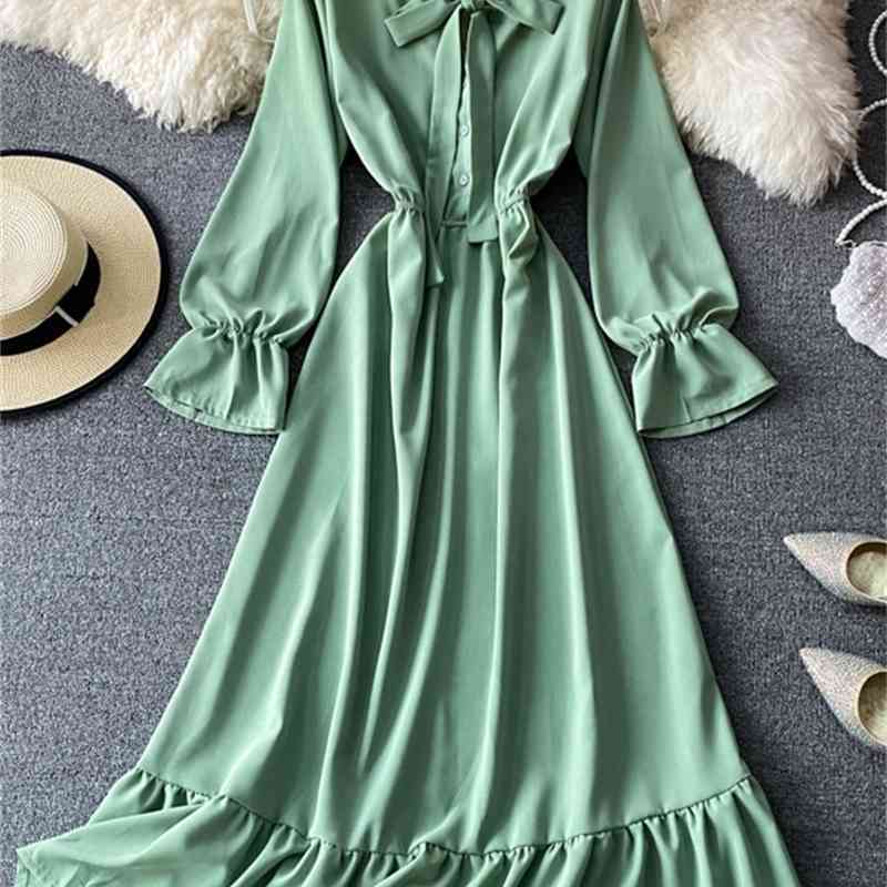LoveFlowerLife French Dress Autumn Princess Dress Fall Butterfly Tie Collar Long-sleeved A-line Sweet Flounce Dress 210521