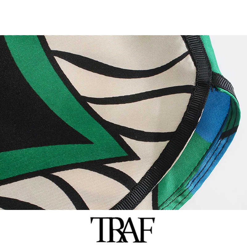 TRAF Women Fashion Side Pockets Printed Bermuda Shorts Vintage High Elastic Waist Vents Female Short Pants Mujer 210724