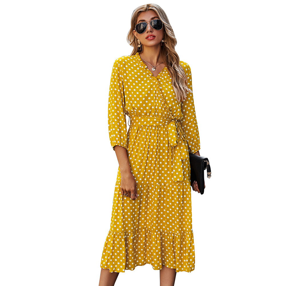 women long dress spring summer cotton Dots Printing Draped V-Neck Ankle-Length with belt Casual Women's Dress 210524