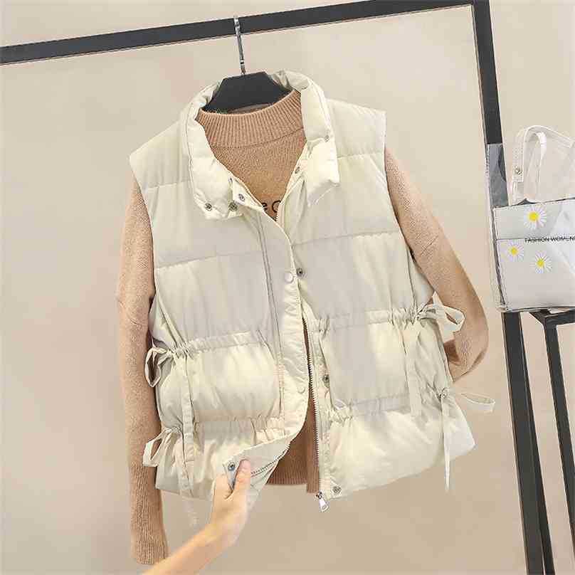 Women Puffer Vest Autumn Winter Warm Thick Lace Up Short Padded Jacket Female Sleeveless Stand Collar Waistcoat Coats 210525 
Women Puffer Vest Autumn Winter Warm Thick Lace Up Short Padded Jacket Female Sleeveless Stand Collar Waistcoat Coats 210525