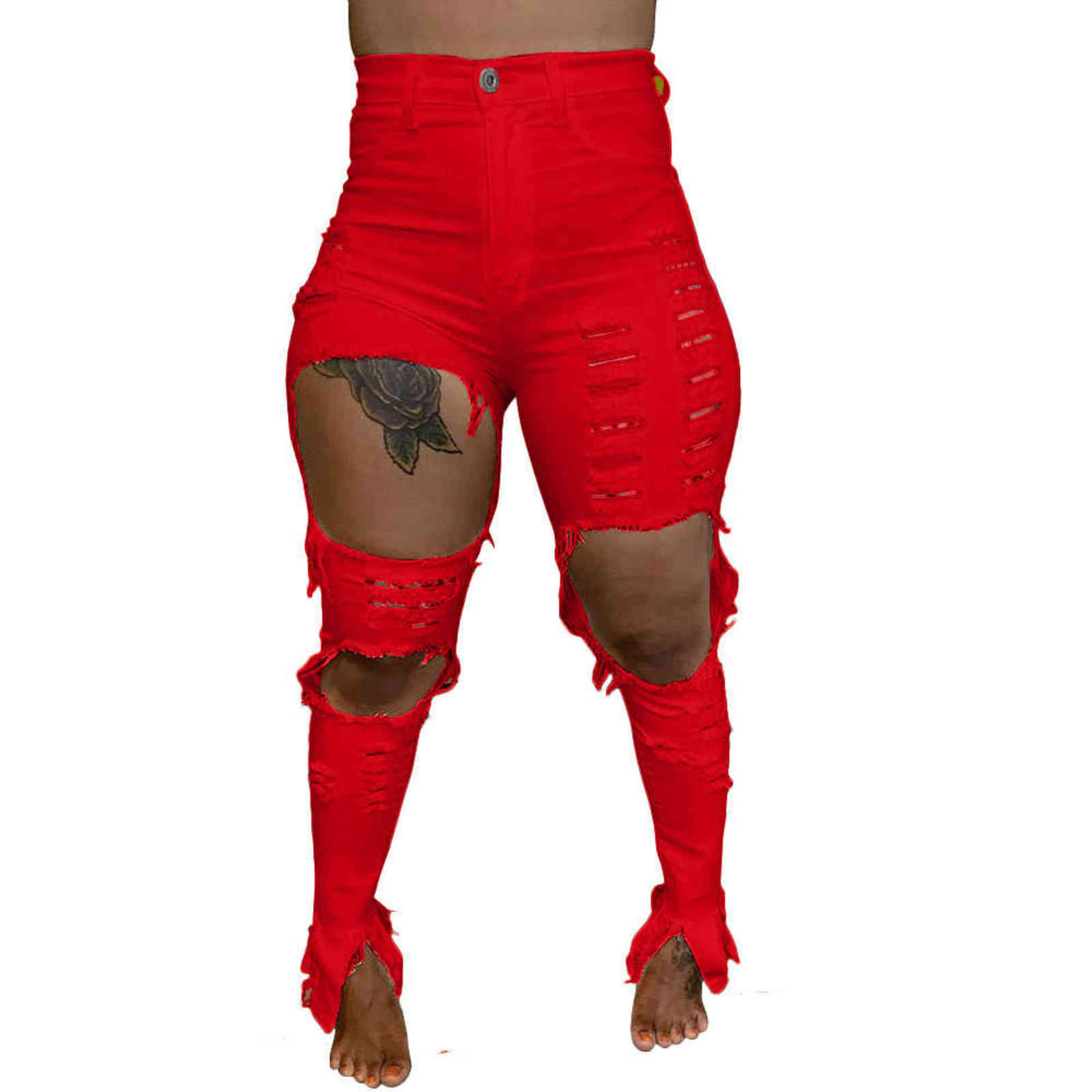 S-4XL Yellow Red Casual Skinny Ripped Jeans for Women Autumn High Waisted Plus Size Denim Pant Streetwear Elastic Hollow Trouser 211129