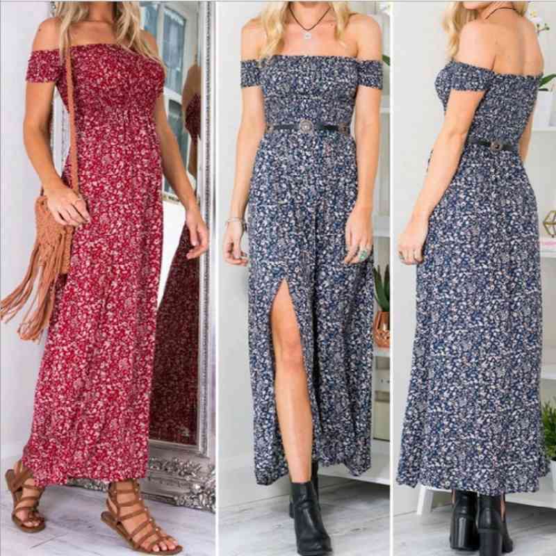 Sexy Strapless Beach Summer Dress Sundresses Vintage Bohemian Maxi Robe Femme Boho Floral Women Split Long es Vestido 210623