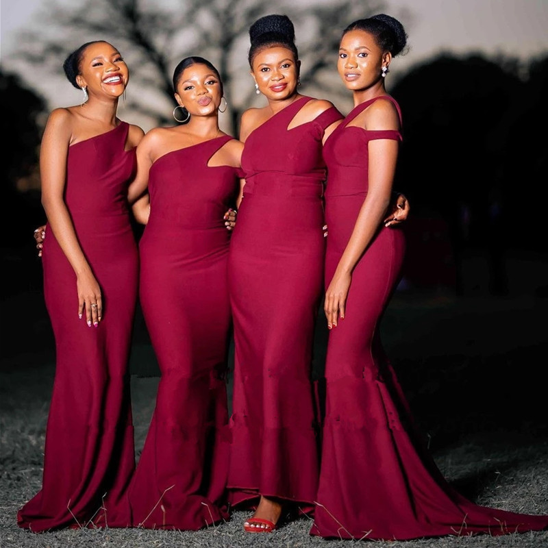 Burgundy One Shoulder Bridesmaid Dresses Long Mermaid 2022 Sleeveless Simple Wedding Party Dress For Women Maid Of Honor