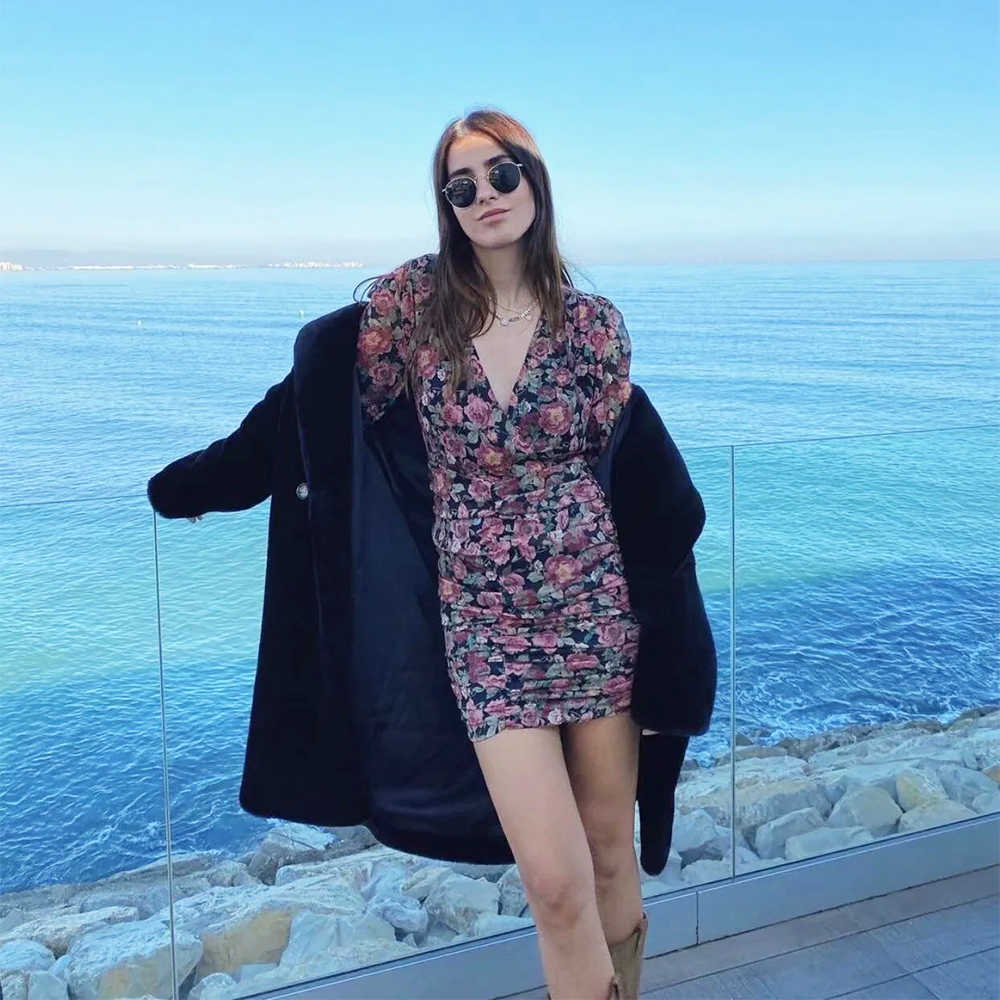 Women Drapped Dress Floral Printed V-neck Short Mini dress Long Sleeves Chic Lady elegant Vintage Casual Woman Dresses 210709