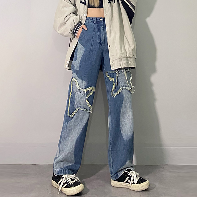 Big Hand Flower Appliques Jeans Women's Spring Straight Wash Multi-layer Wide Leg Denim Pants Female 5B350 210427