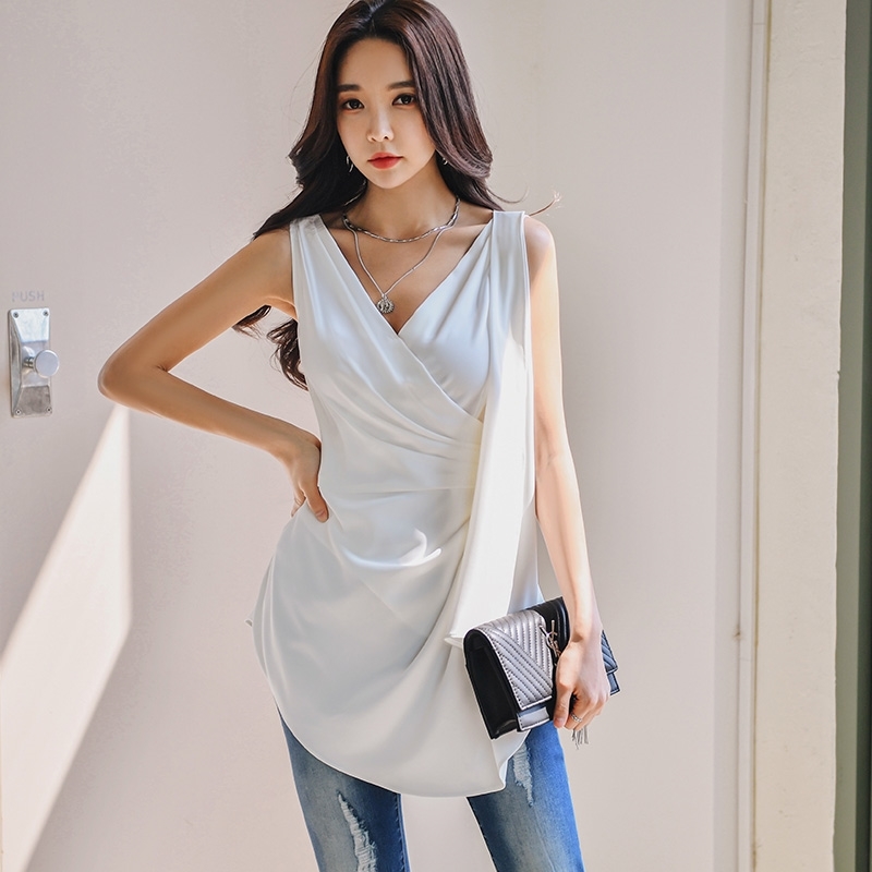 Dabuwawa Vintage Cross Front Womens Blouses V-Neck Asymmetrical Hem Solid Slim Fitted Shirts Tops Office Lady DT1BST010 210520