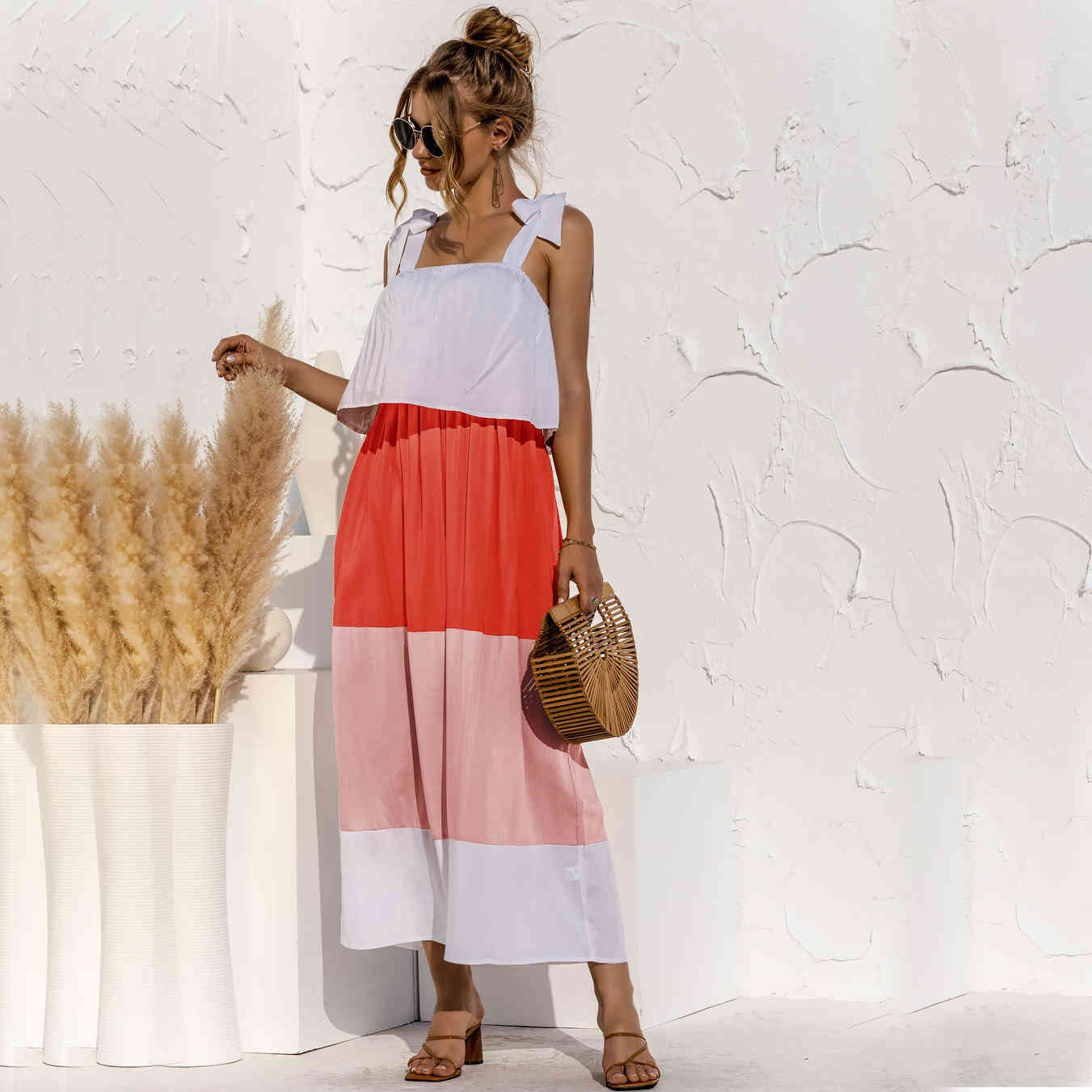 Bohe long dress Summer A-Line Spaghetti Strap Patchwork Ruffled Casual Women's Ankle-length Dress holidays beach 210524