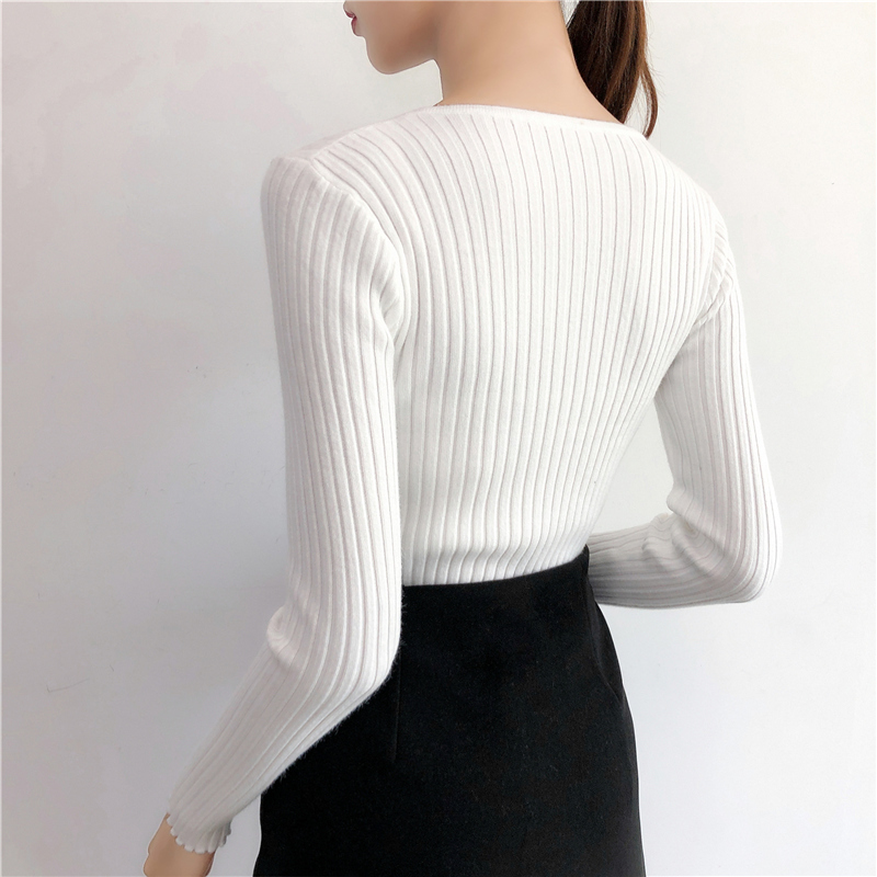 Autumn and Winter V-neck Long Sleeve Bottoming Sweater Korean Slim Elasticity Knitted Pullover Knitwear Tops 10309 210427