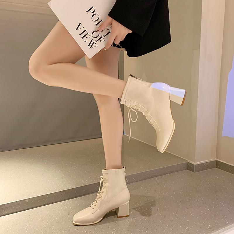 Boots Female British Style 2021 Spring And Autumn Single Square Toe Thick Heel Net Red Thin High Heels Short