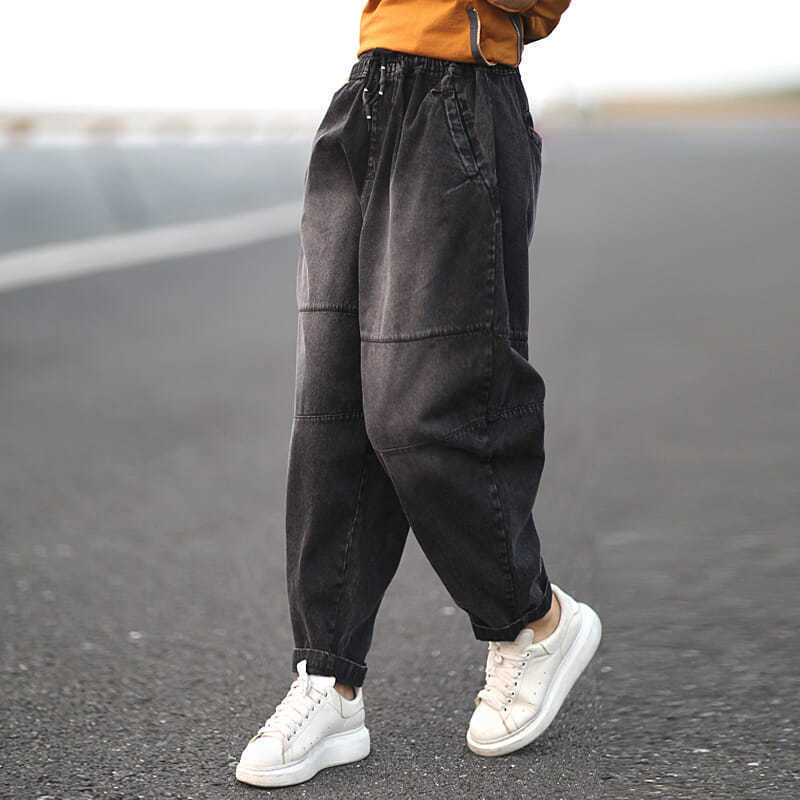 Autumn Arts Style Women Elastic Waist Loose Jeans Allmatched Casual Cotton Denim Harem Pants Plus Size vintage S555 210922