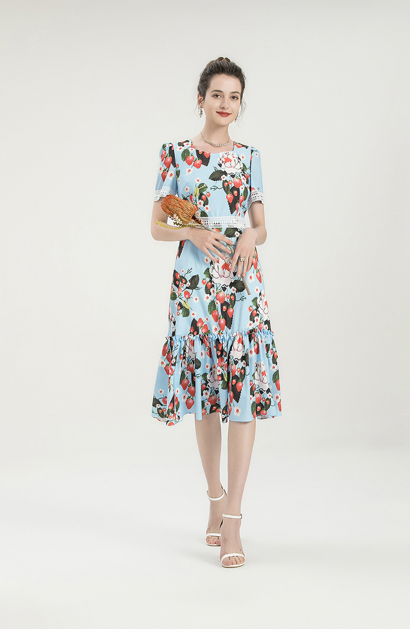 Women's Runway Dresses Square Neckline Short Sleeves Printed Embroidery Patchwork Elegant Autumn Dress