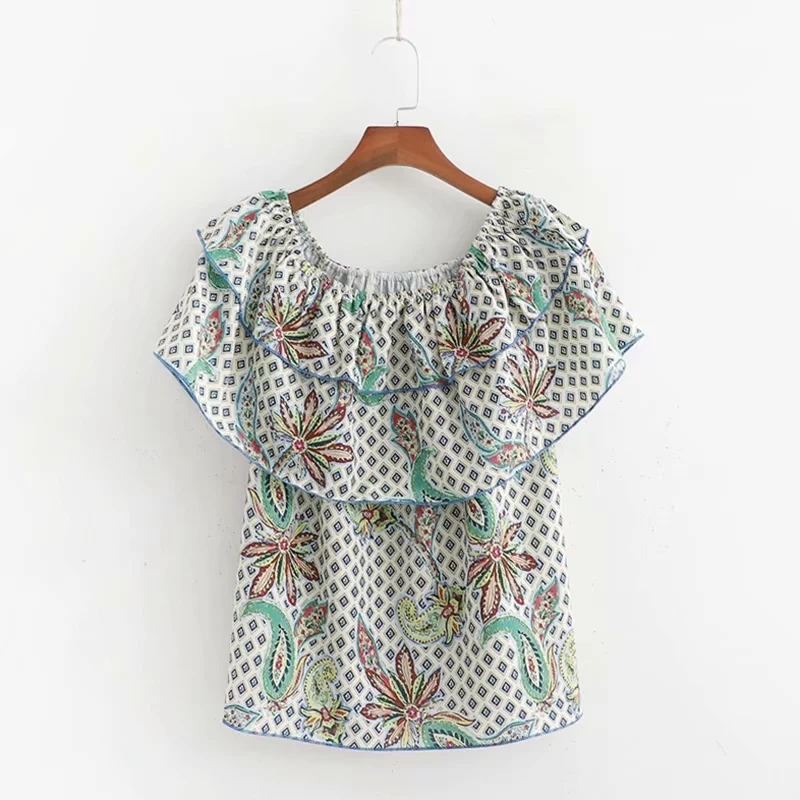 Women Slash Neck Cascading Ruffle Printed Shirt Smock Female Blouse Tops Summer Blusas Mujer S5786 210430