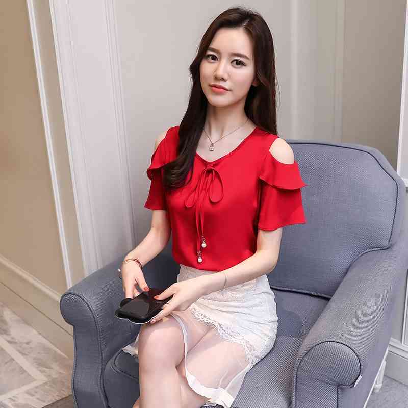 Fashion Bow V-neck Sweet Women's Clothing Summer Short Sleeve Chiffon Women Shirt Blouses Red Women's Tops Blusas D667 30 210323