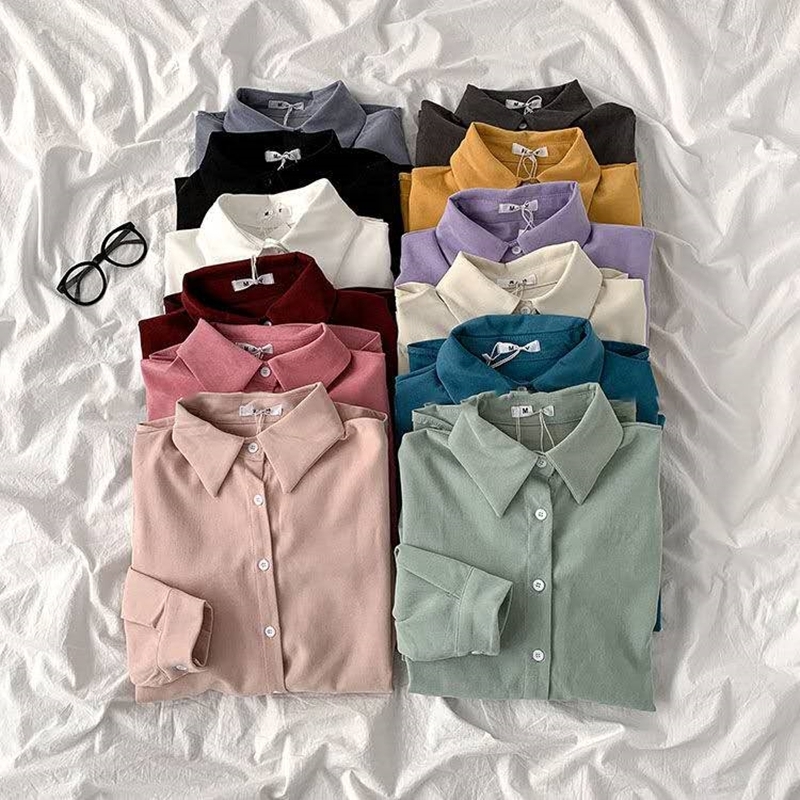 Spring Autumn Thick Shirt Women's Fashion Polo Collar Loose Oversize Blouses Vintage Long Sleeve Single Breasted Female Tops 210317