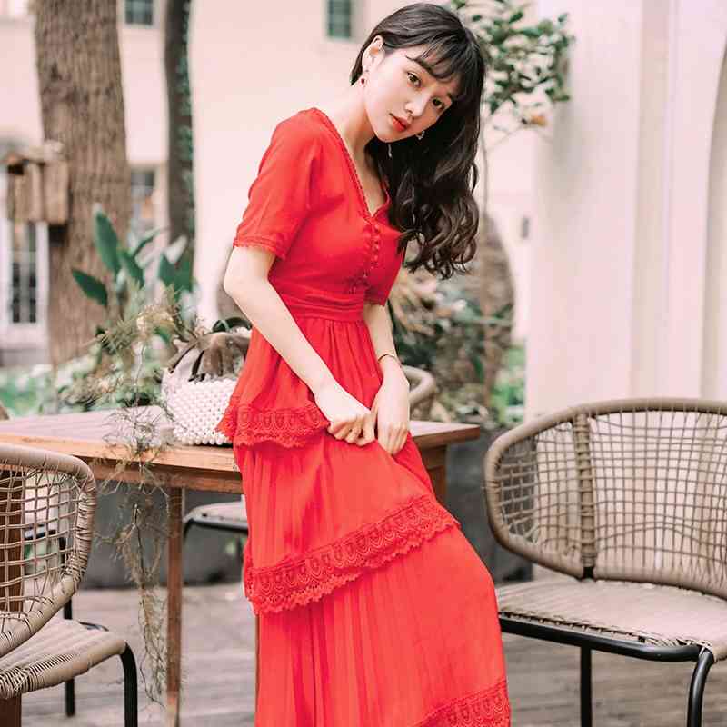 Summer Self Portrait Runway Pleated Dress Women Chiffon Patchwork Lace Cascading Ruffles Long Slim Red Cake es 210520