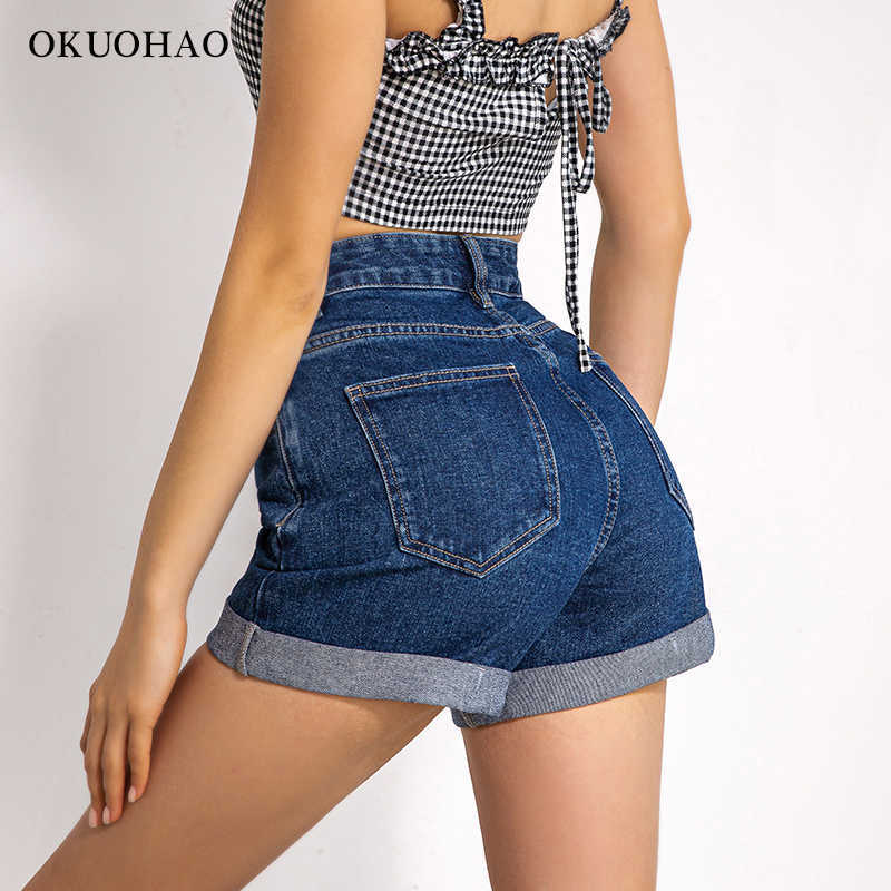 Okuohao High Waist Denim Shorts Women Plus Size Fashion Casual Slim Jeans Short Washed Sexy Female Summer Cotton 210714