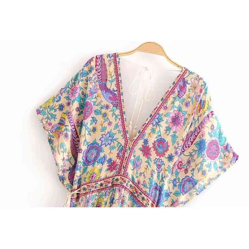 Fashion Boho Long Dress Folk Style Vintage Summer Cotton Print V-neck Bat Sleeve Drawstring Holiday Midi For Woman 210514