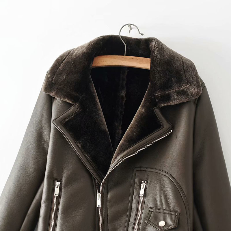 PU Warm Fur Long Sleeve Lapel Thickening Motorcycle Women's Jacket Winter Belt Chic Zipper Black Female Coat Green Tops 210507