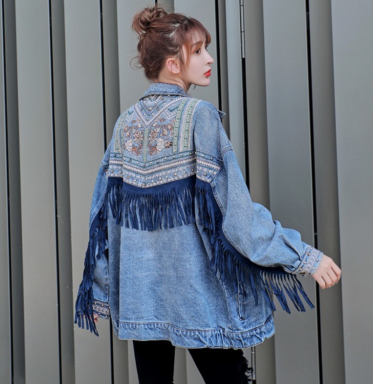 Denim women jacket spring vintage floral Embroidery Suede fringe loose coat long sleeve Outerwear female boho 210519