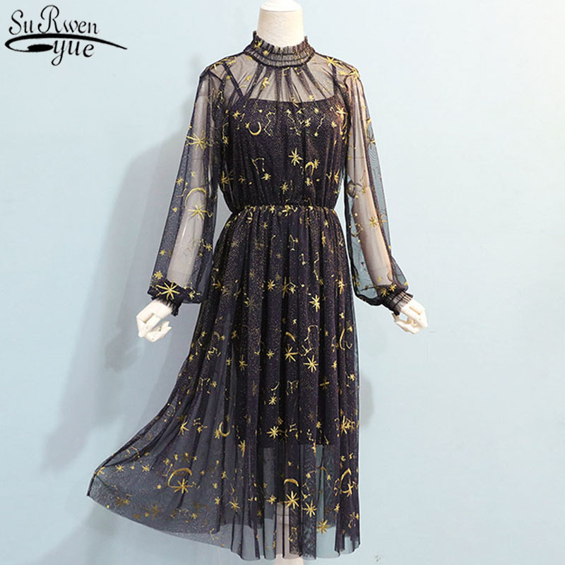 Star Moon Embroidery Dress Women Printing Mesh Puff Sleeve Long Gray Beige Navy Stand Collar Midi Party 12992 210427
