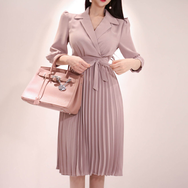 Spring Elegant Women Dress Office Lady Dress High Street Pleated Sashes Dress Work Wear Business Casual Vestidos 210518