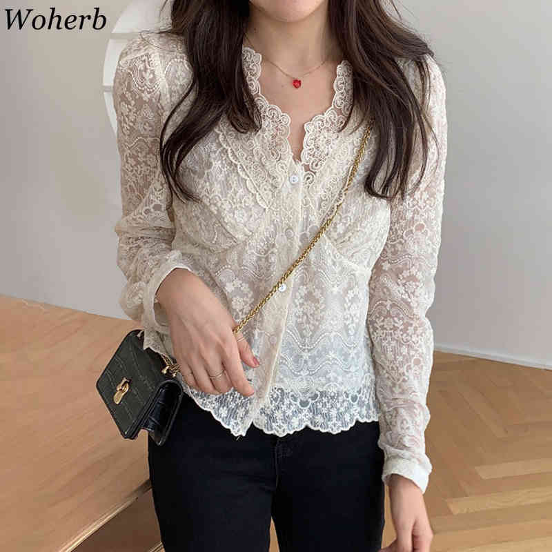 Korean Chic Blouse Women Temperament V-neck Heavy Lace Crochet Floral Shirt See Through Tops Blusas Mujer De Moda 210519