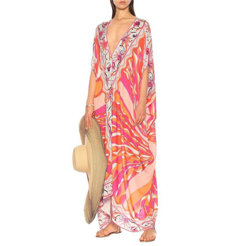 VKBN High Quality Silk Women Long Dress Batwing Sleeve Three Quarter V-Neck Geometric Pattern Printing Maxi Dresses for Women 210507