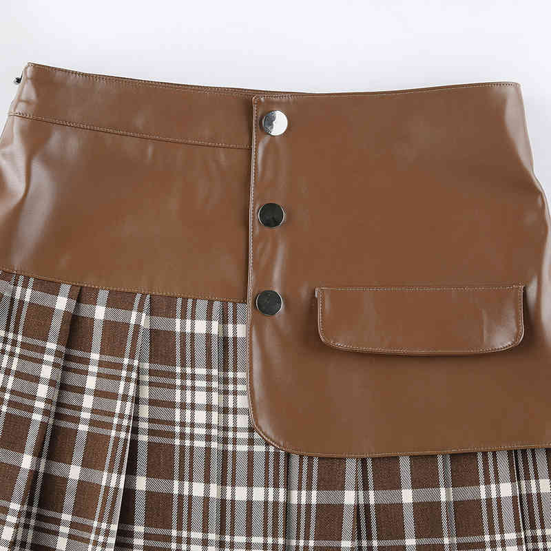 Women skirt fashion women PU leather patchwork A-line pleated Mini Skirts for female styled girls plaid skirts 210524