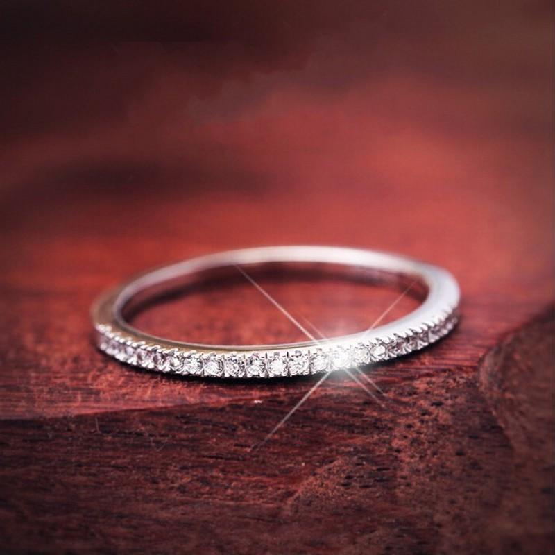 Genuine 18K White Gold Pave Simulated Diamond Band Ring Fine Wedding Jewelry Simple Round Thin Rings For Women Gift Cluster