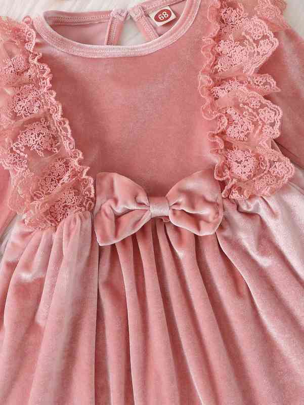 Baby Lace Ruffle Trim Bow Front Velvet Dress With Headband SHE