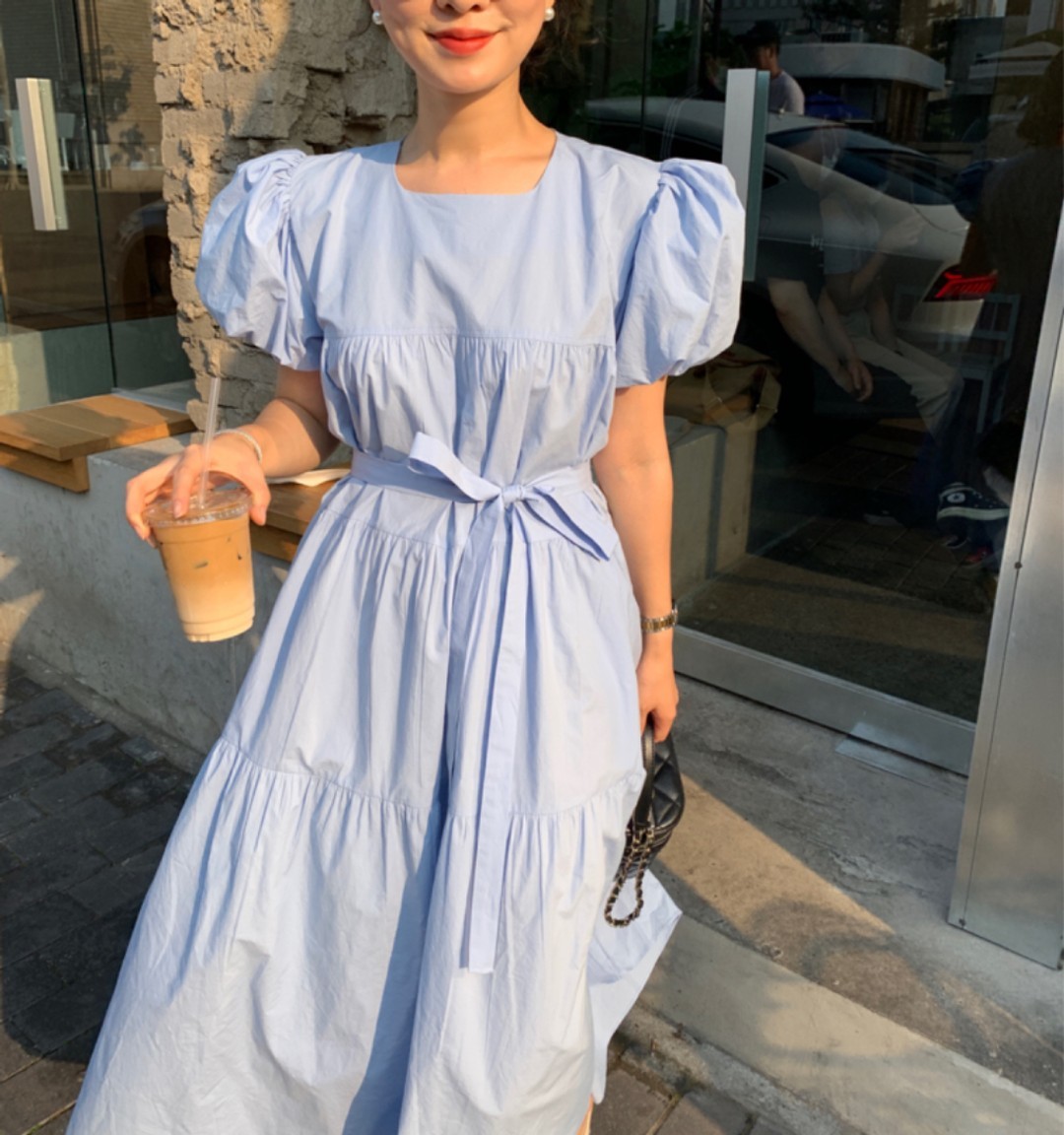 Nomikuma Elegant Square Collar Puff Sleeve Dresses Bow Bandage Slim Waist Korean Vestidos Causal Chic Solid Woman Dress 6H018 210427