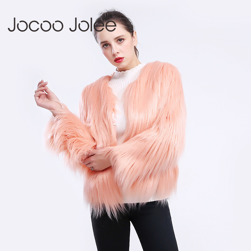 Furry Fur Coat Women Fluffy Warm Long Sleeve Outwear Winter Jacket Hairy Collarless Overcoat Plus Size 6XL 210428