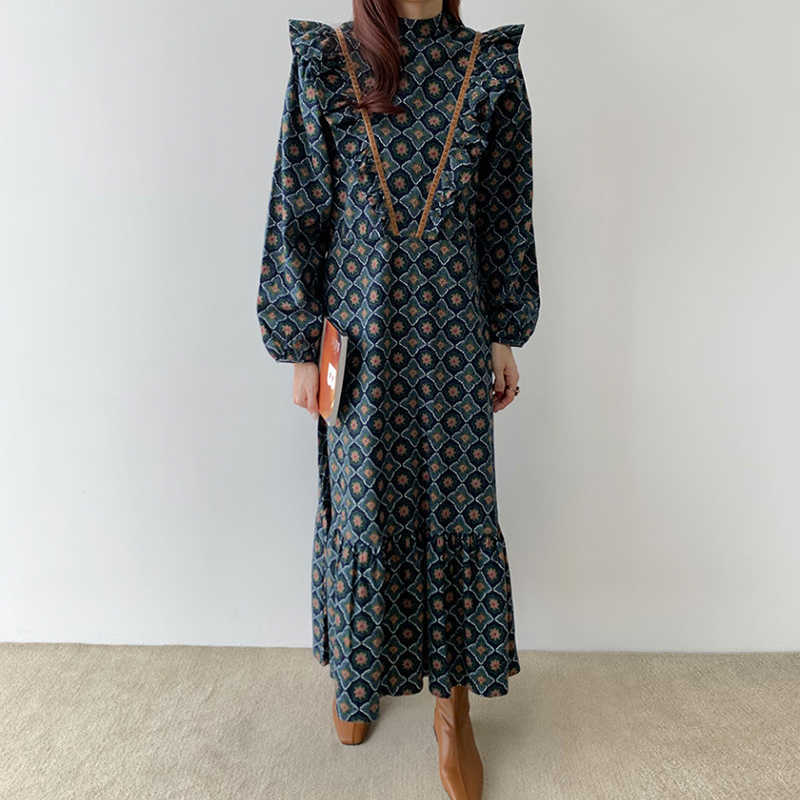 Korean Chic Court Style Full Print Slim Stand Loose Ruffle Trumpet / Mermaid Ankle-Length Dresses for Women 210615Z